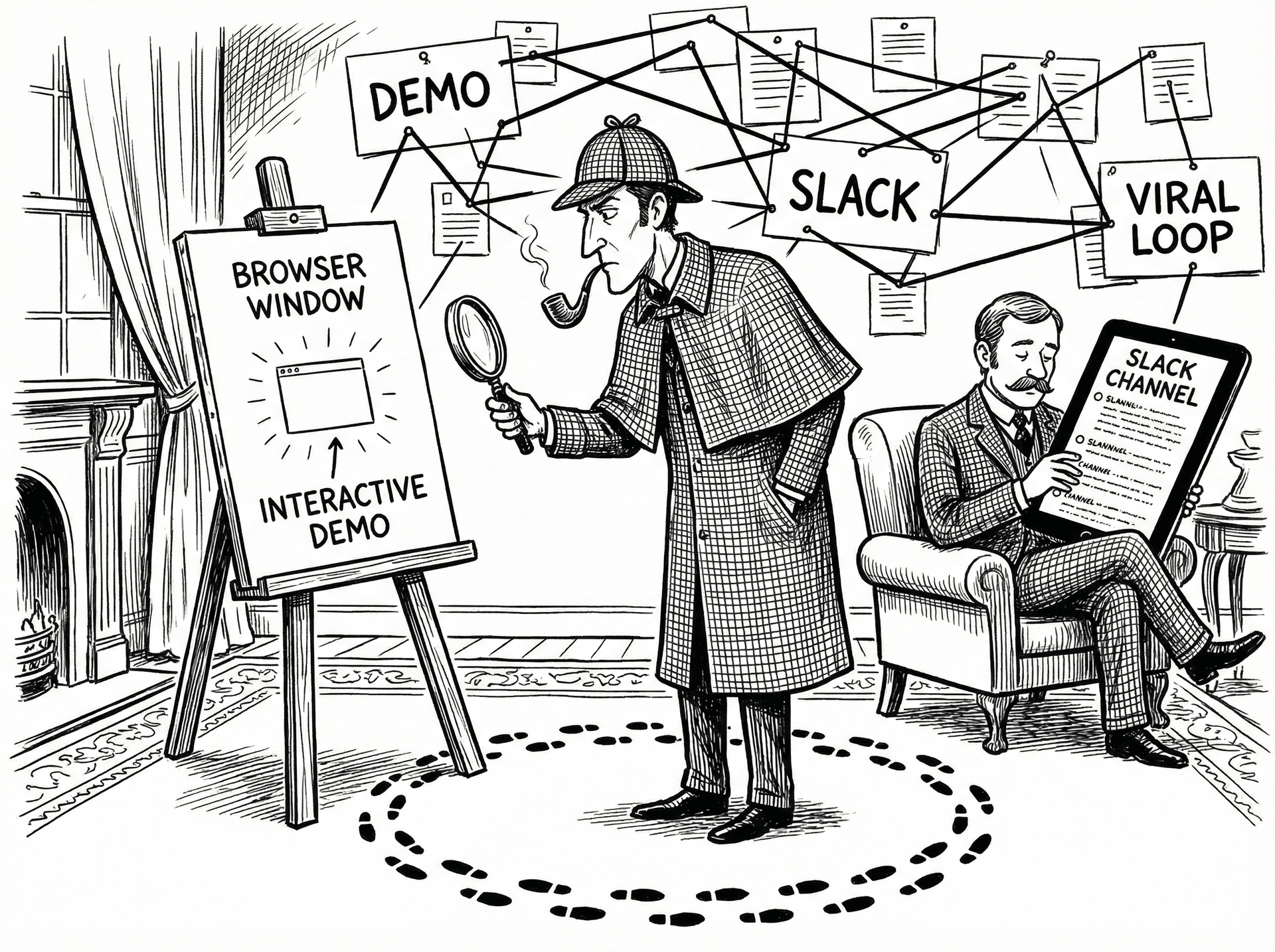 Sherlock Holmes examines an interactive demo on an easel while mapping viral loops and Slack integrations during build in public week two.