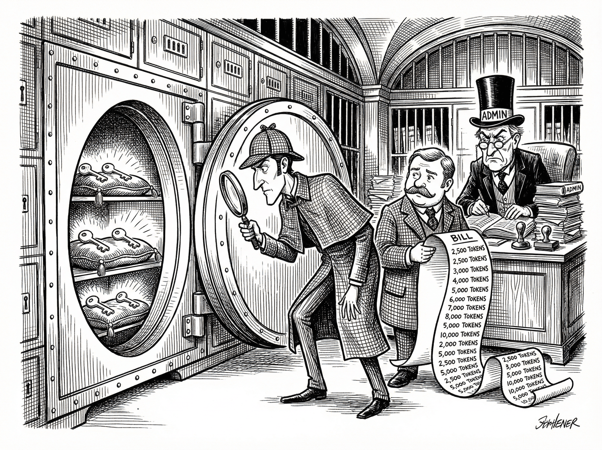 Sherlock Holmes inspects encrypted API keys in a vault while Watson reviews token billing and an admin manager watches.