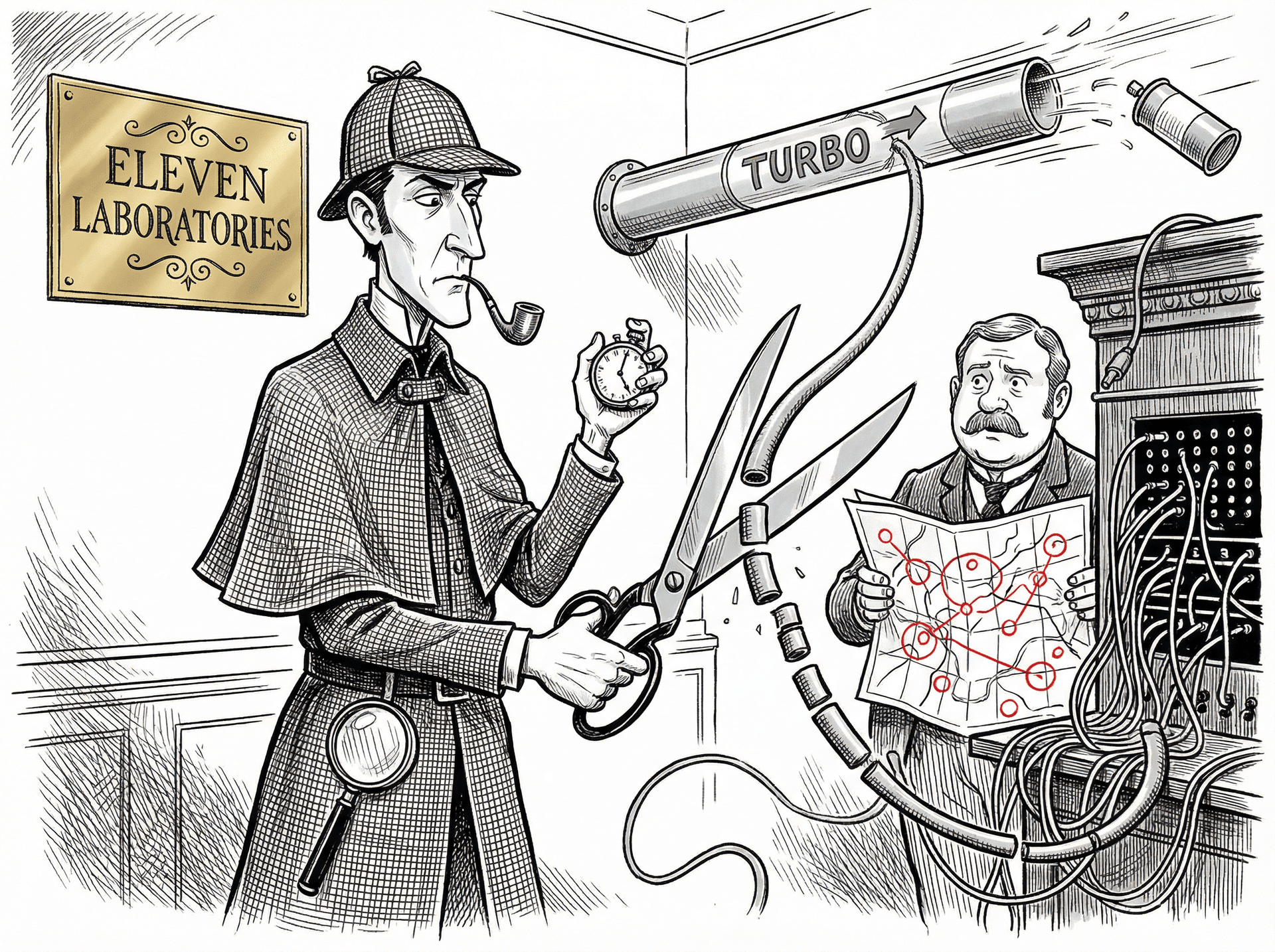 Sherlock Holmes cuts speaking tubes into short chunks to reduce ElevenLabs latency using streaming and regional routing.
