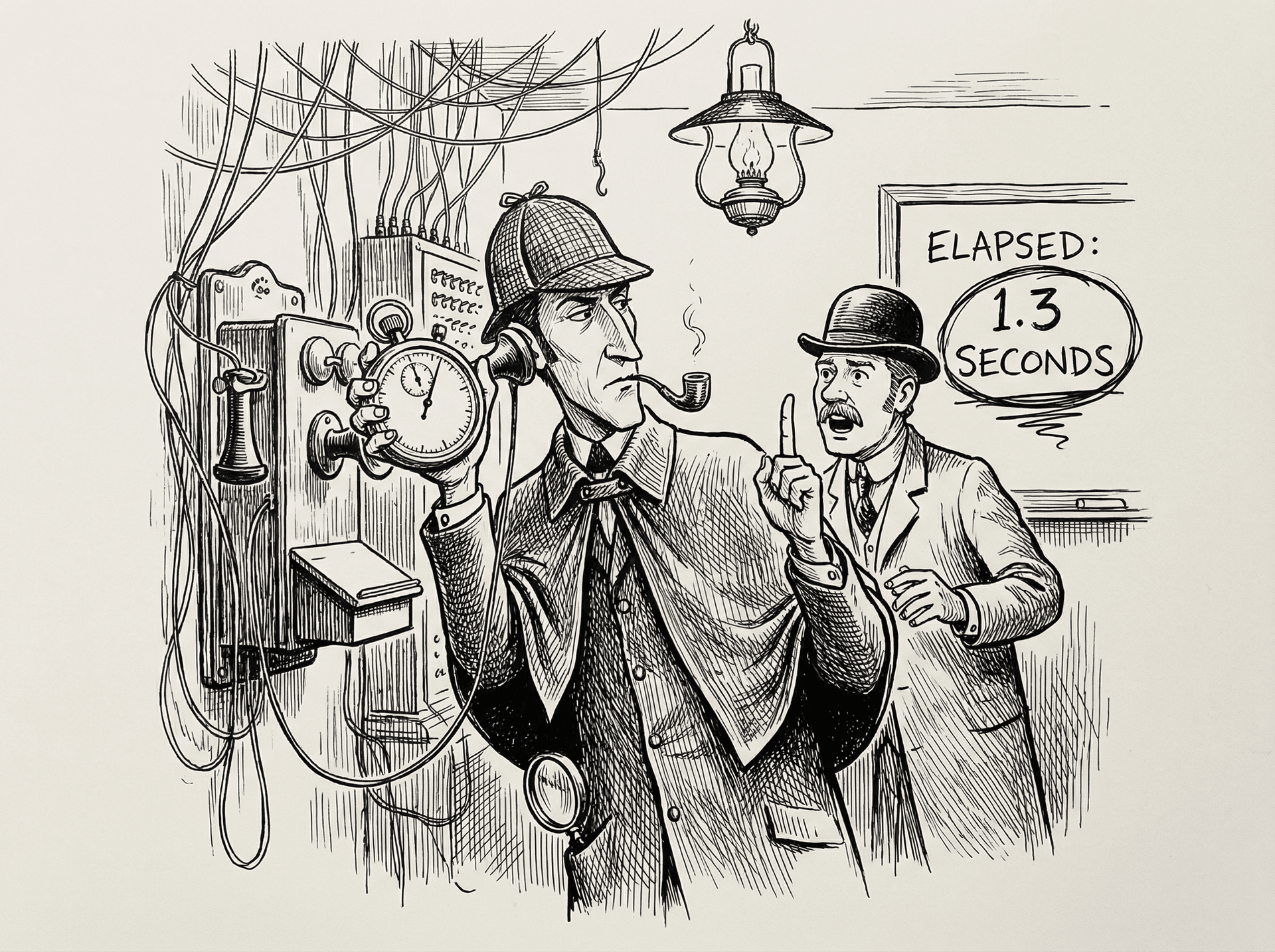 Sherlock Holmes measures time to first byte with a stopwatch at a telephone, debugging voice AI latency.
